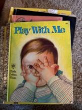 Vintage childrens books, crayons, markers, books