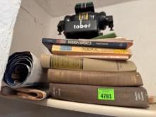 Vintage literature, books, toy robot, posters