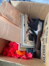 Box with miscellaneous items, books, hat,