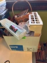 Box of cups, tray, basket, more