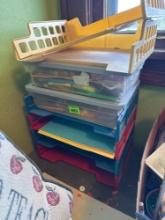 File trays shoe boxes with colors, pencils, craft items