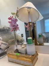 Tissue box holder, cotton pad jar, lamp, cup dispenser and glass vase with artificial flowers