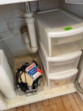 Plastic organizing bins, tools, blood pressure reader, stethoscope