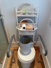Bathroom organizing baskets, trash can, toilet safety rail