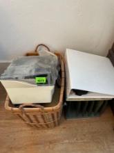 Woven basket full of different types of cards and other misc items, binder, transparency film,