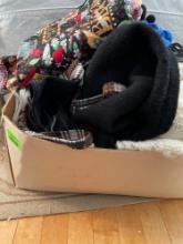 Box with misc clothing items, swim suits, sweater, scarfs, sewing fabric, and more