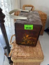 Woven baskets with cassette tapes and wooden box