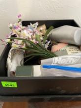 Box of misc items, ring cases, pouches, jewelry travel bag, decor pillow, keys and more