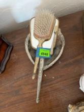 Vintage hair brush, hand mirror, scrub brush and jewelry dishes