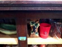 Contents on shelf, glasses and serving dishes