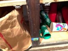 Contents on shelf, plastic cups, floral ice bucket and more