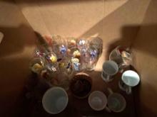 Box of old McDonalds glasses and Mickey glasses, mugs and more