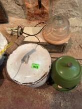 Small cake stand, pots with lids, old radio