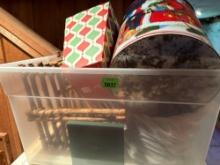 Tote with Christmas tin bucket, Christmas decor box, Christmas lights and more
