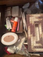 Contents in drawer, misc items and tissue box holder