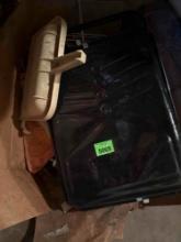 Box of misc items, dust pan, paint pan and roller, caulk gun and more