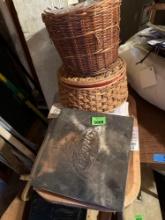Woven baskets, sewing items, Ralph Lauren full size bed sheet still in package, wooden carving