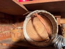 Items on shelf, woven baskets, napkin rings, bag of kitchen items and more