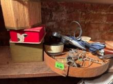 Decor boxes, American flags, box of buttons, umbrella, and more misc items