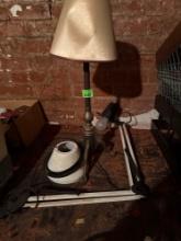 Metal pedestal base, lamp, lamp shade