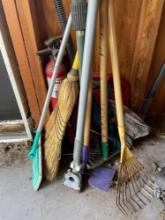 Kids garden tools, paint roller with extension rod, swiffer, broom, toro hose reel, fire