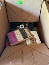 Box of misc items, decor, can openers, glass jars, vase, and other items
