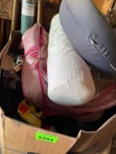 Box with misc items, neck pillow, books, backpack, peel and stick wallpaper and more