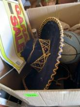 Box of misc items, sombrero hat, bubble machine, electric fondue set, and more