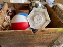 Wooden crate with a vintage light fixture (basket ball goal with a beach ball globe) lots of plastic
