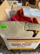 Box of vintage toy cars, ink stamp set, bucket of letter blocks, sand bucket, and little cowboy