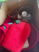 Box of different items, stockings, basket, fish bowl, vases,