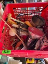 Crate with misc items, shoe stretcher, jump and start, heat lamp and more