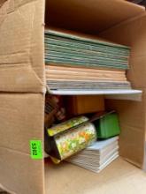 Box of chalk boards, felt boards, glue, flash card box holders and more
