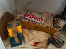 Crayons, clothes, pens, scissors, erasers markers, and a cigar box and more