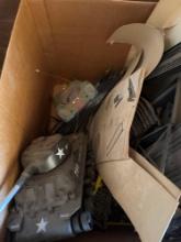 Toy tank and race car with track, electronic, shooting gallery, fly swatter toy cow, and more