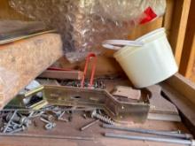 Signs metal swing, pecan picker, signs, various nuts, and screws weatherstripping and more