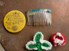 Button pin, crocheted pins, hair comb