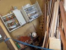 All wood, everything on the shelves and on the floor are included, water hose wicker baskets, lawn