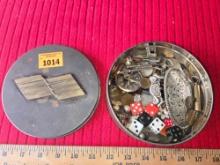 Vintage Metal Tin with Lid and Assorted Vintage and Antique Items. Jewelry, Watches, Keys, Coins,