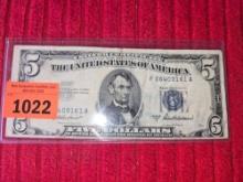 1953 A Series, 5 Dollar Silver Certificate. In Plastic Sleeve
