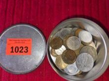 Vintage Tin with Assorted Foreign Coins. Assorted Countries and Dates. All one Money.