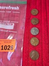 5 WWII Era Lincoln Pennies. 1941 Thru 1945.