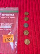 5 WWII Era Lincoln Pennies. 1941 Thru 1945.