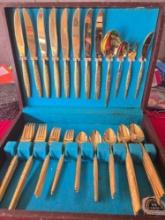 60 Pieces of Tina By Nasco Gold Toned Flatware with Wood Display Box.