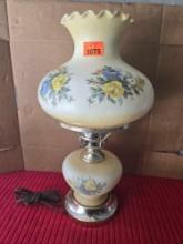Vintage Milk Glass Hurricane Lamp, Rose Pattern. 18.5 Inches Tall.