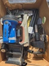 Box of Assorted Tools, Flashlights, and Hardware.