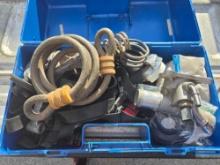 Blue Case of Assorted Straps, Automotive Parts, Cables, and Hardware.