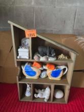 Wood Knick Knack Shelf with Assorted Figurines. All one Money.