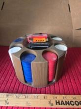 Poker Gaming Set. Rack with Assorted Chips and 2 Decks of Cards.
