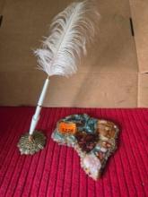 Vintage Desk Set. Feather Pen and Brazilian Rock Ashtray.